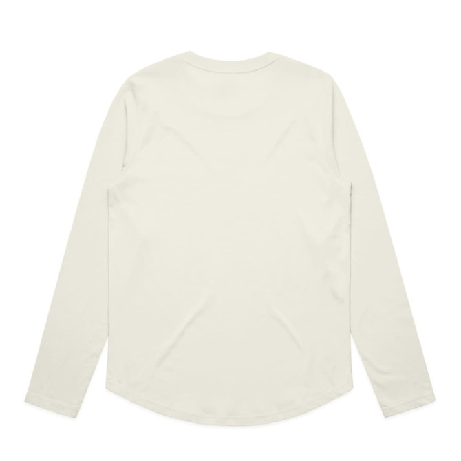 A light green long-sleeve t-shirt featuring a smooth back design and a subtle curve at the hem. It has a branding logo.