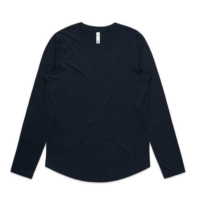 A long-sleeve t-shirt in dark navy blue with a rounded hem and a label inside the neckline.
