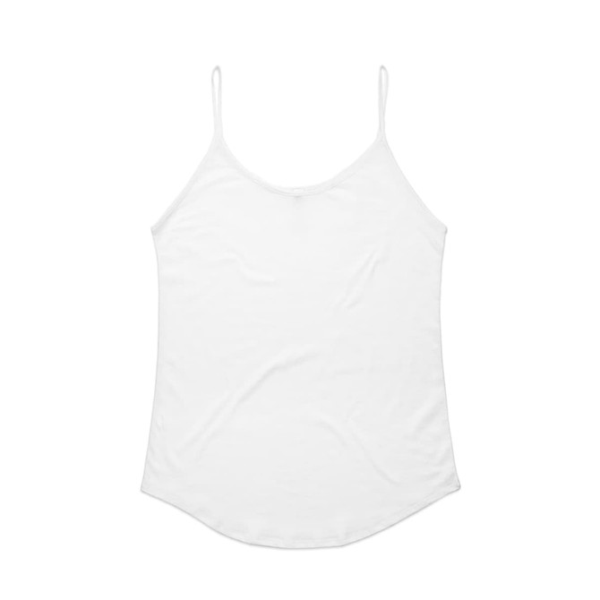 A white singlet with thin straps, featuring a simple design and curved hem. It has a branding logo.