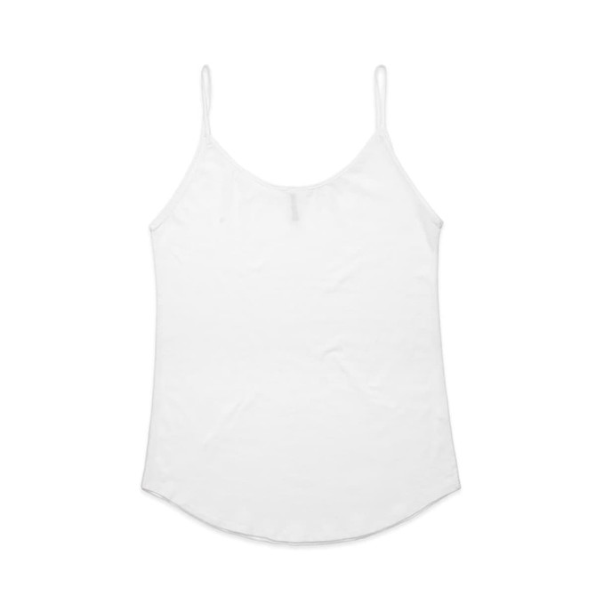 A white singlet top with thin straps, featuring a rounded hem and a discreet logo.
