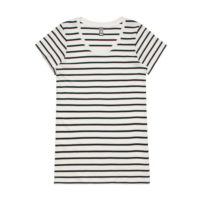A striped T-shirt featuring horizontal black and white stripes, with a V-neck design and short sleeves.
