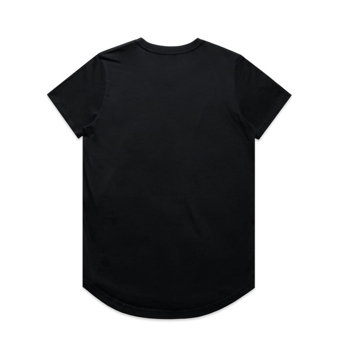 A black T-shirt with a rounded hem and no visible branding on the back.