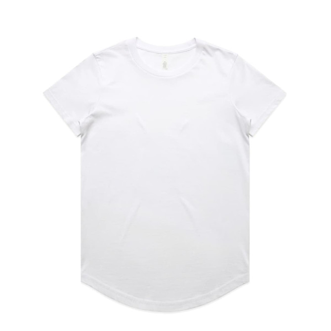 A white short-sleeve T-shirt featuring a curved hem and a brand logo. Basic and versatile design.