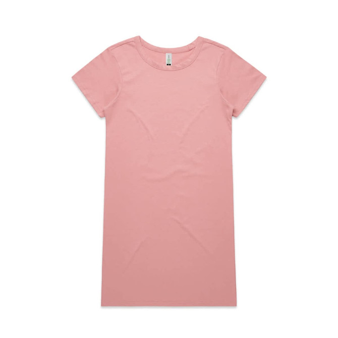 A pink organic short-sleeve dress with a simple, relaxed silhouette and a plain design. It has a brand logo label.