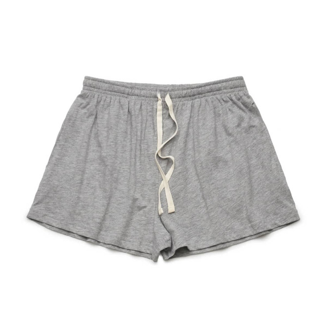 Grey sports shorts with an elastic waistband and drawstring, featuring a logo on one side.