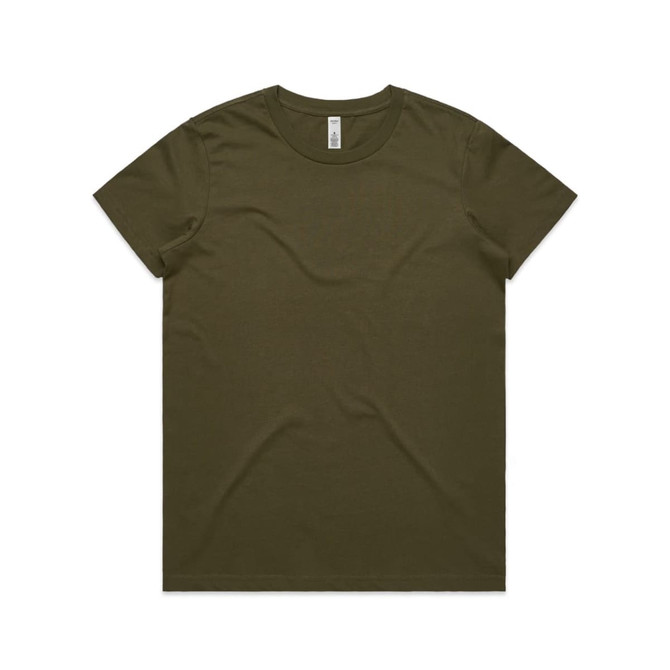 An olive green T-shirt with a classic crew neck and short sleeves, featuring a logo tag at the collar.