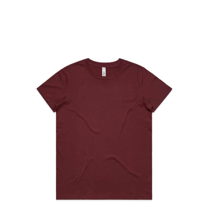 A burgundy T-shirt with a classic design, featuring a logo on the label.