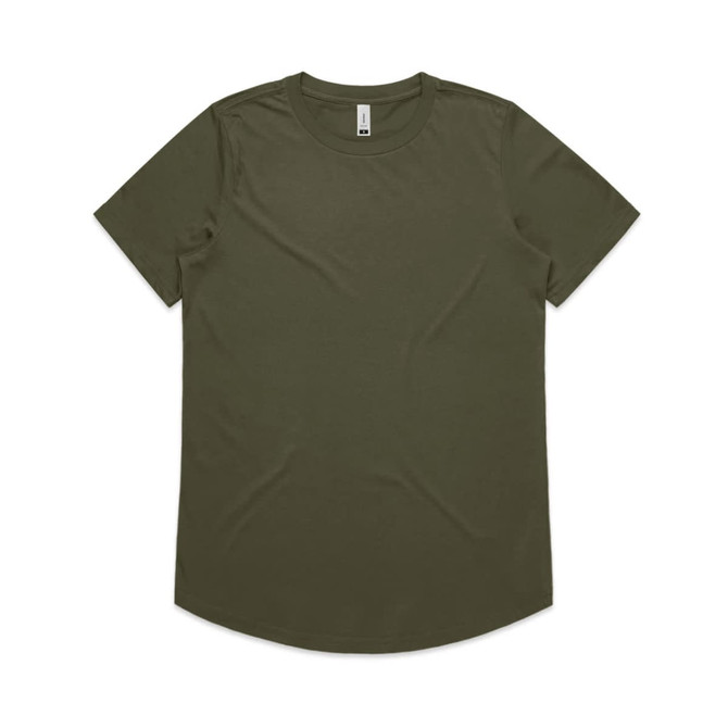 An olive green T-shirt with a rounded neckline and short sleeves, featuring a logo on the tag.