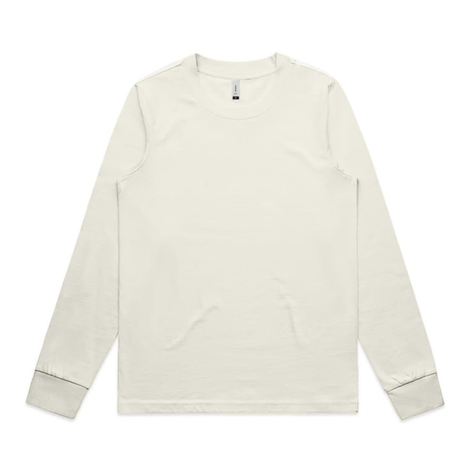 A long-sleeve t-shirt in a light cream colour, featuring a simple design and a single logo.