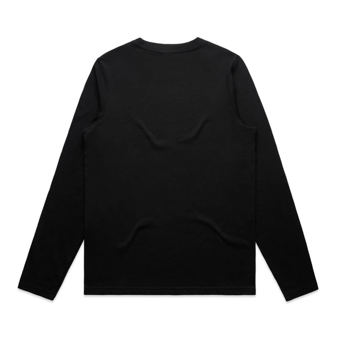 A long-sleeve black T-shirt featuring a smooth, simple design and a branding logo on the back.