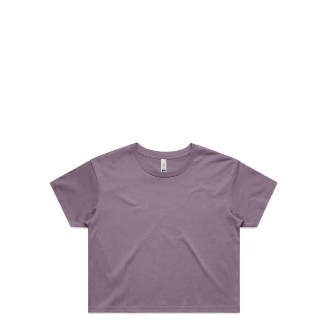 A cropped T-shirt in a soft lavender colour with a round neckline and short sleeves. It features a logo tag.