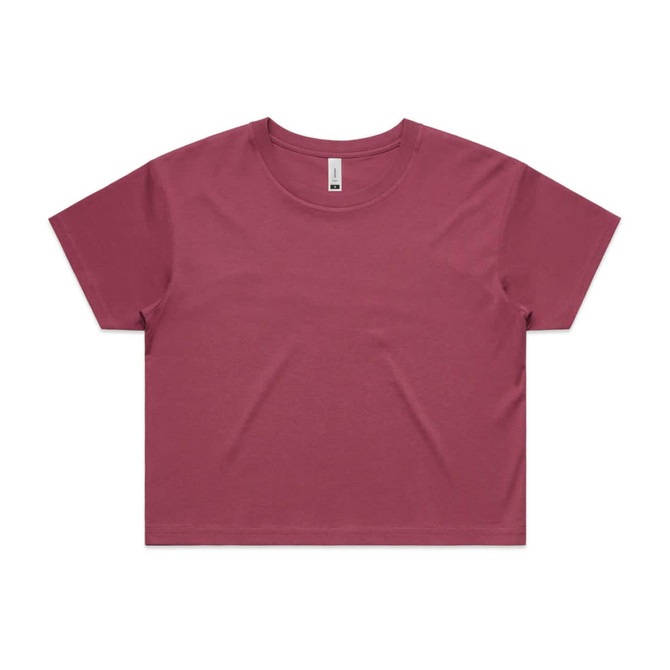 A maroon cropped tee shirt with a relaxed fit and short sleeves. It features a logo on the neckline.
