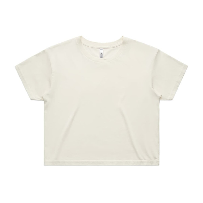 A cream-coloured crop tee with short sleeves and a simple design. It features a logo on the label.