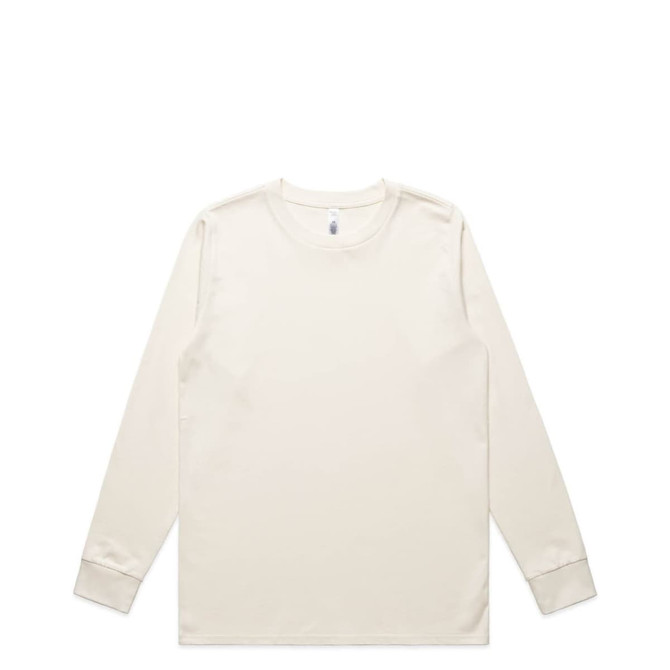 A classic long-sleeve T-shirt in a light cream colour with contrasting cuffs and a logo.