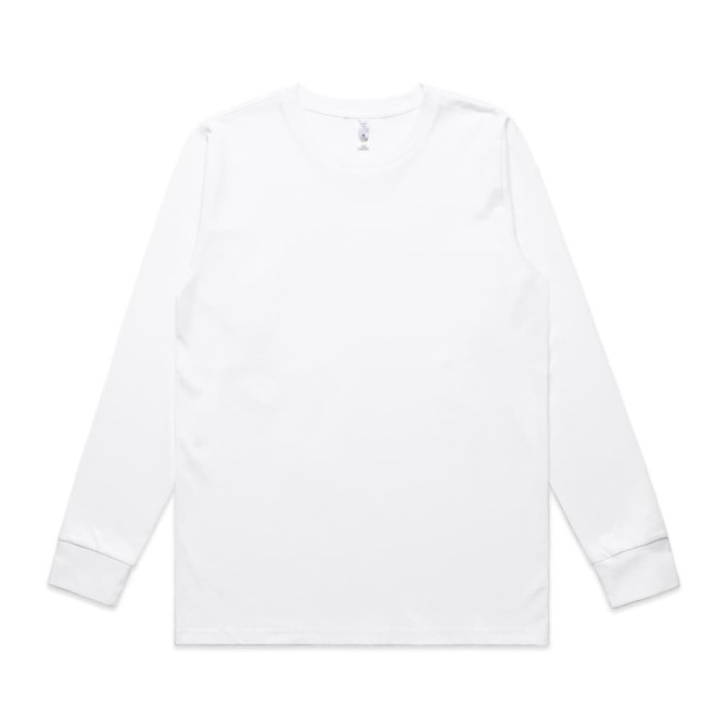 A long-sleeve white T-shirt with a simple design and branding on the tag.