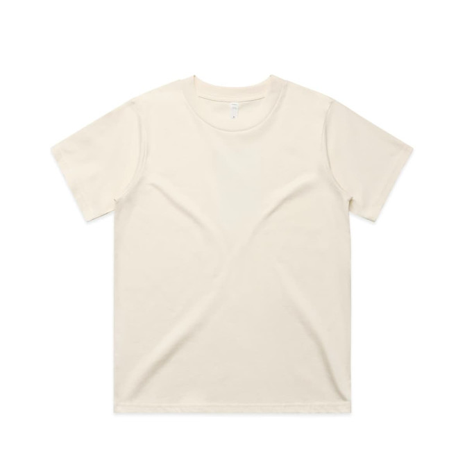 A cream-coloured t-shirt with short sleeves, featuring a plain design and a branding logo.