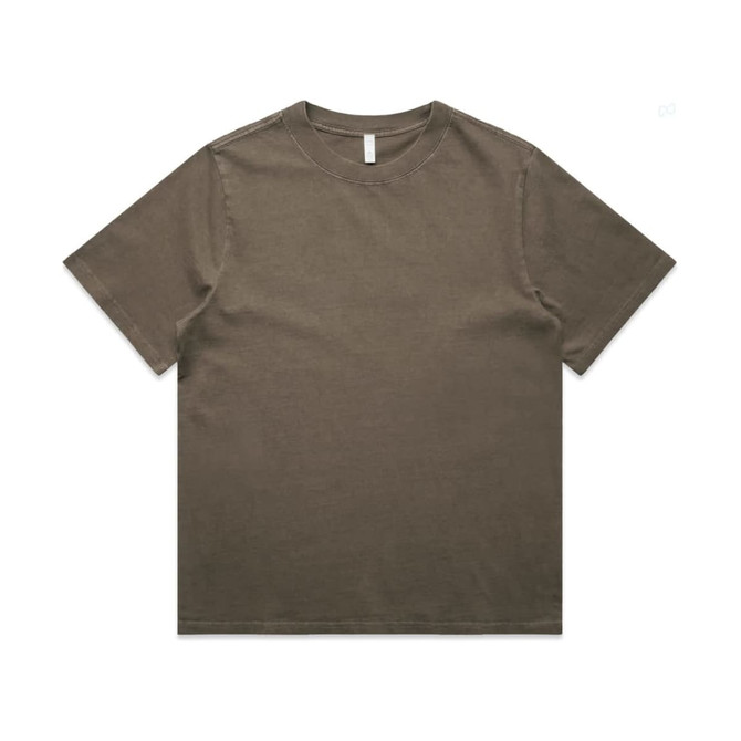A heavy faded tee in earthy tones, featuring a relaxed fit and short sleeves. The shirt has a branding label at the neck.