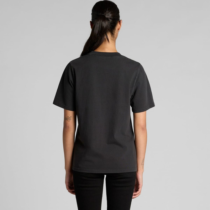 A dark grey, heavy faded T-shirt viewed from the back, with short sleeves and a relaxed fit.