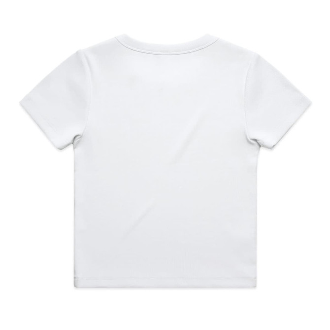 A white children's organic ribbed t-shirt with short sleeves and a plain back view. It features a brand logo.