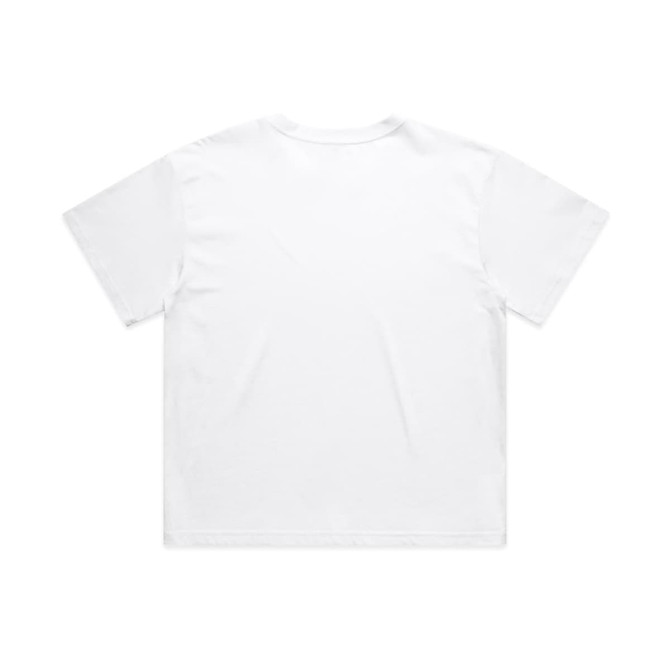 A white short-sleeved crop tee with a plain back. The shirt features a logo.