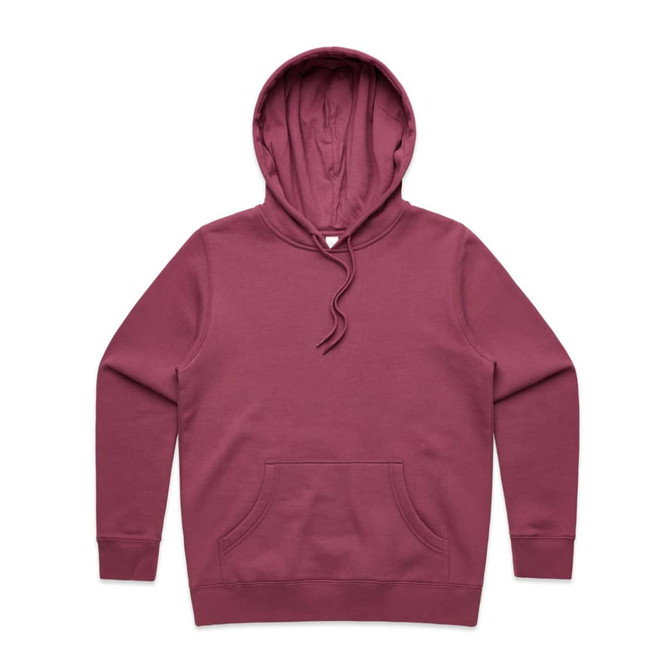 A maroon hoodie featuring a front pocket and a hood, with an attached drawstring. It has a logo on it.