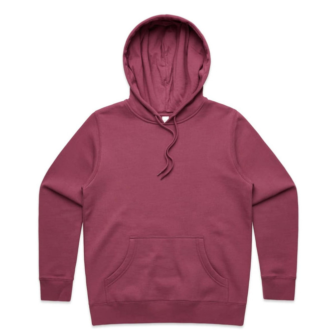 A maroon hoodie with a front pocket, drawstring hood, and a logo on the chest.
