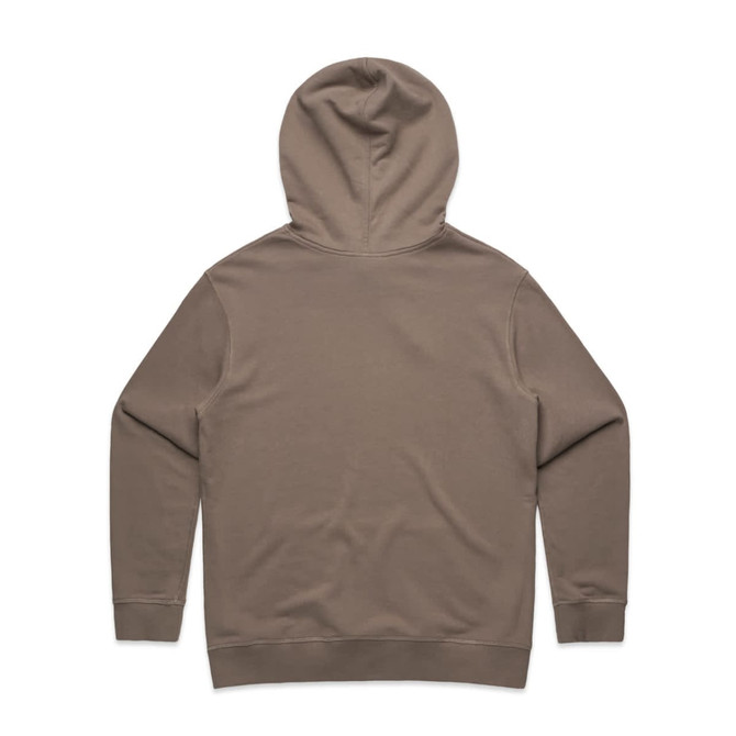 A premium hooded jumper in a soft brown colour, featuring a simple design and a logo on the back.
