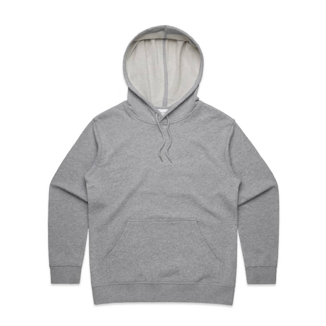 A grey hoodie featuring a front pocket and a light-coloured inner hood. It includes a logo on the garment.