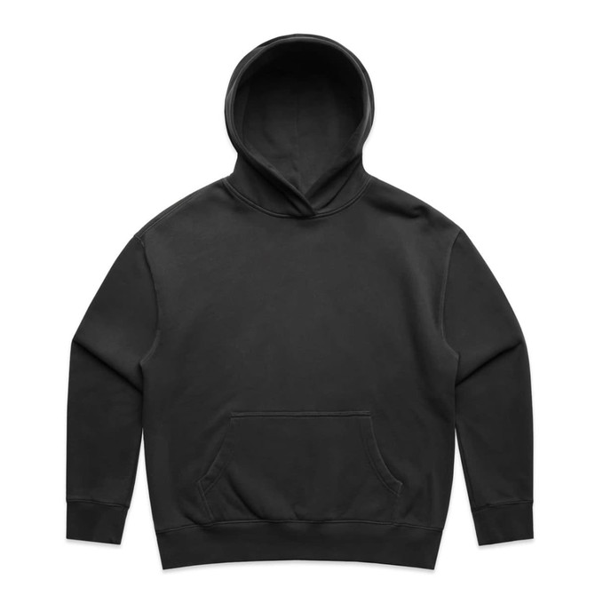 A black hoodie with a front pocket and a large hood. It features a logo on the hoodie.