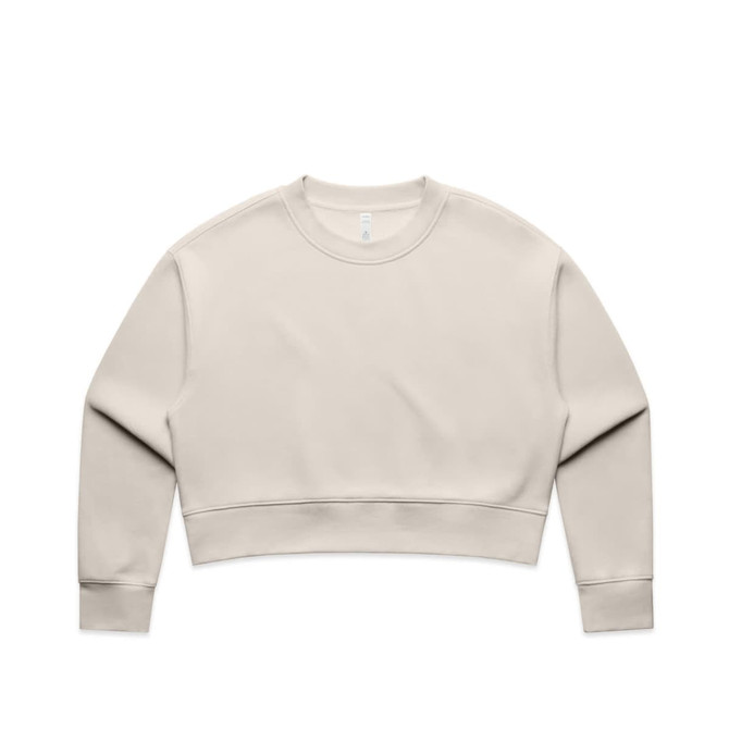 A cream-coloured cropped jumper with a crew neckline and long sleeves. It features a simple design and has a logo.