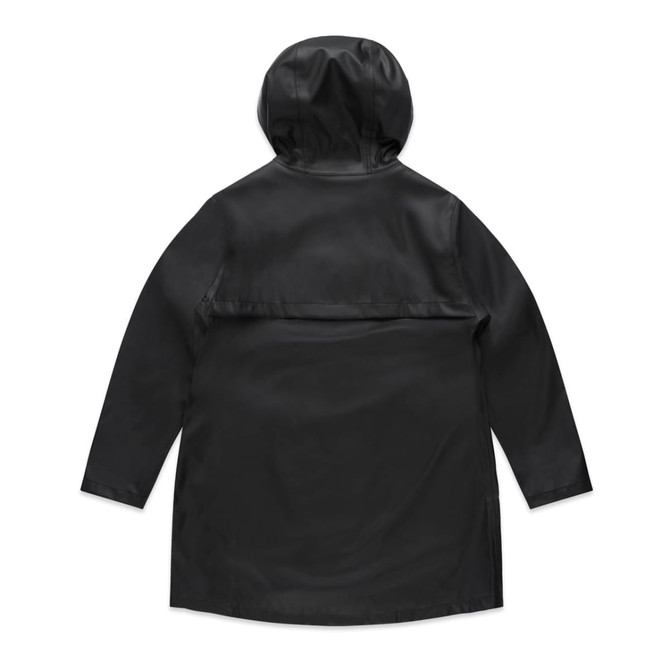 A rain jacket in black with a hood and a rear flap, featuring a logo on the back.