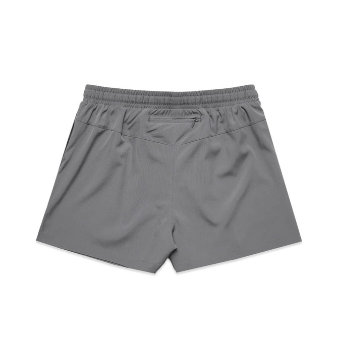 Grey sports shorts featuring an elastic waistband and a small pocket at the back. Includes branding on the waistband.