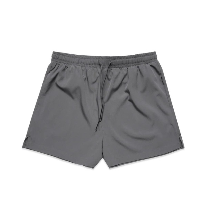 Active shorts in a solid grey colour with an elastic waistband and drawstring. Features a logo on the side.