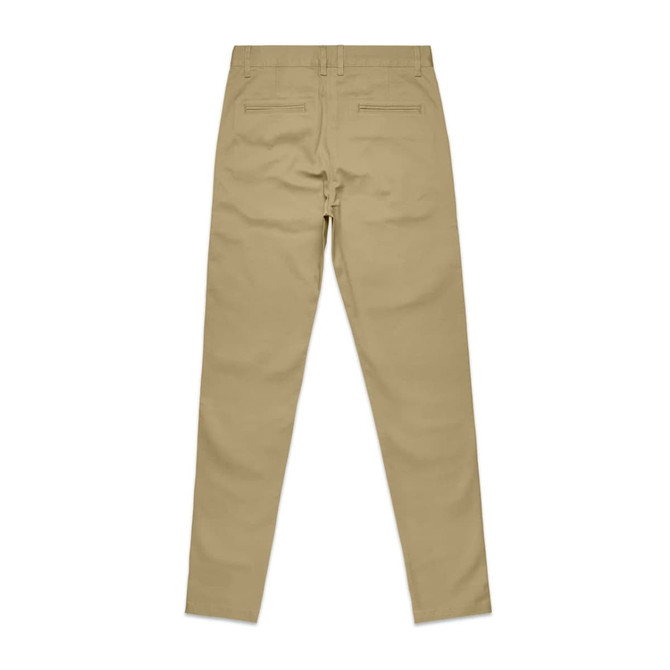 A pair of tan pants with a slim fit, featuring rear pockets and a logo tag.