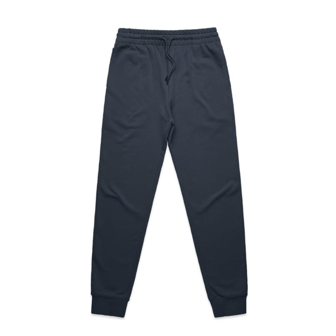 Dark grey track pants featuring an elastic waistband and fitted cuffs, with a logo on the front.