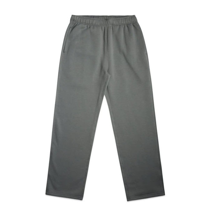 A pair of grey cuffless track pants with an elastic waistband and side pockets. Features a branding logo.