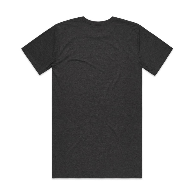 A dark grey T-shirt with a crew neck and short sleeves, featuring a logo on the back.