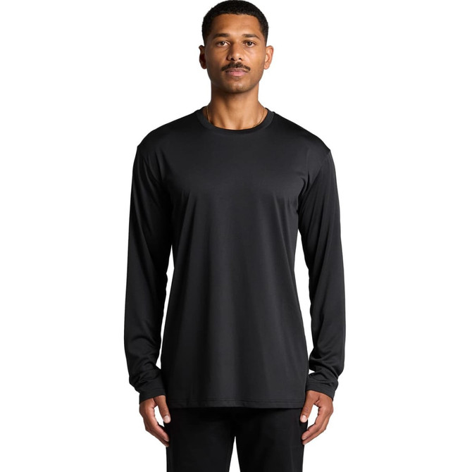 A long-sleeve T-shirt in black, featuring a smooth texture and a logo on the front. Suitable for activewear.