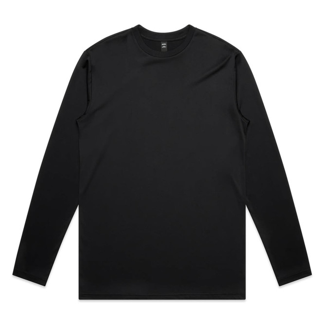 A black long-sleeved t-shirt made from active fabric, featuring a smooth texture and a logo.