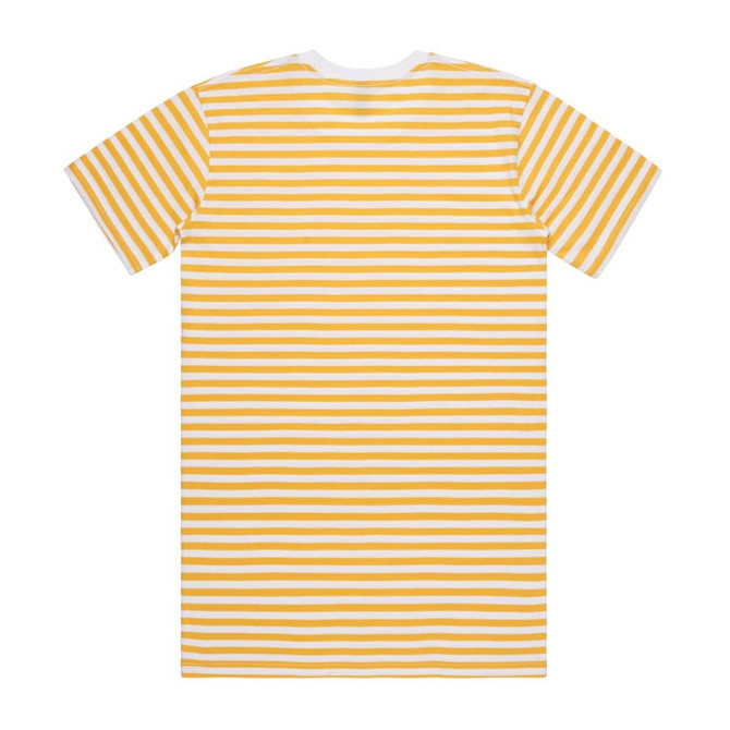 A striped T-shirt featuring yellow and white horizontal stripes, with a logo on the back.