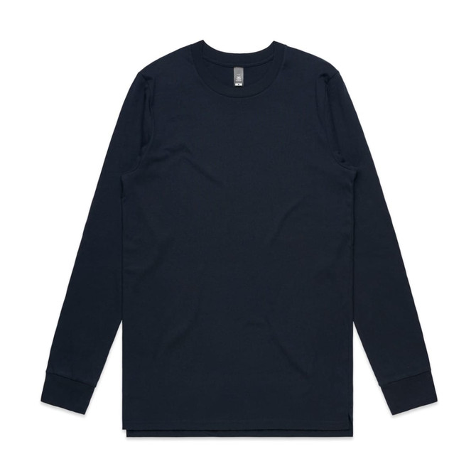 A long-sleeved tee in navy blue, featuring a simple design and a logo on the label.