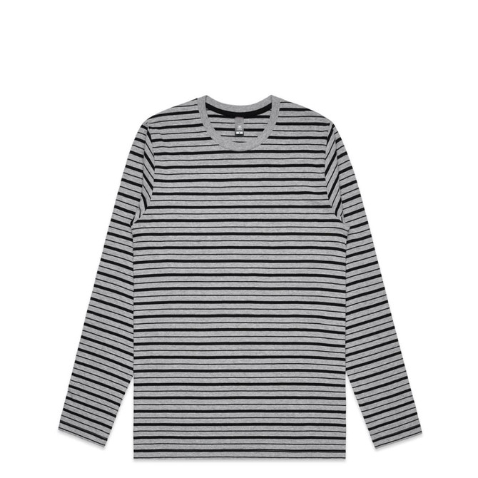A long-sleeve tee featuring alternating black and grey stripes, with a crew neckline and branding.