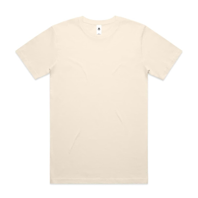 A plain cream t-shirt with a round neckline and short sleeves. It has a label at the neck and no visible branding.