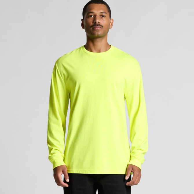 A long-sleeve tee in bright yellow, featuring a simple design and a small logo. Suitable for workwear.