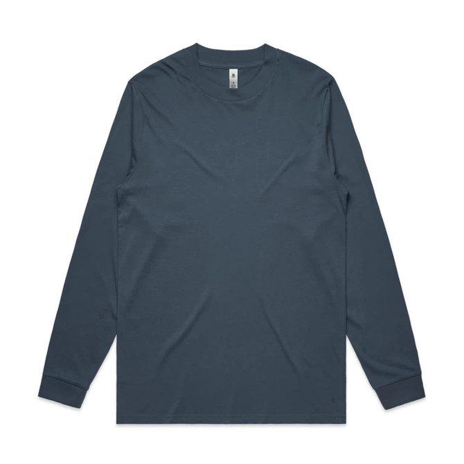 A long-sleeved teal t-shirt featuring a round neckline and a logo on the label.