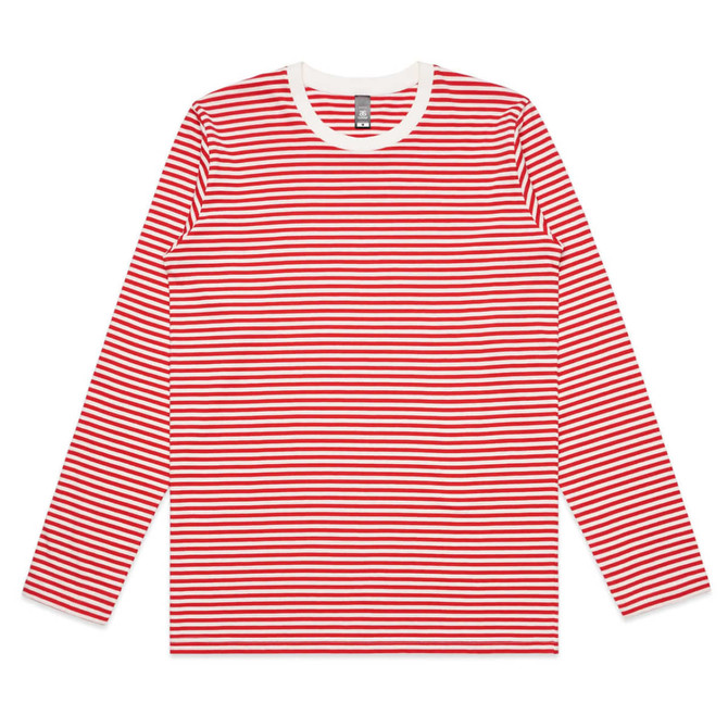 A long-sleeve T-shirt featuring red and white horizontal stripes, with a rounded neckline and a logo present.