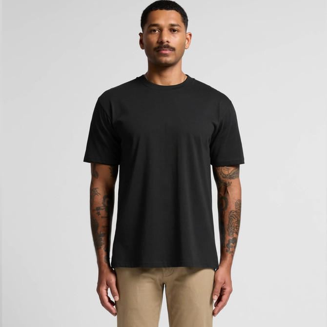 A black T-shirt with short sleeves, featuring a simple design and a logo on the chest.