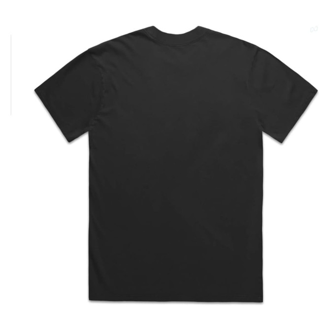 A black heavy faded tee shirt with a plain design and a small logo on the back.