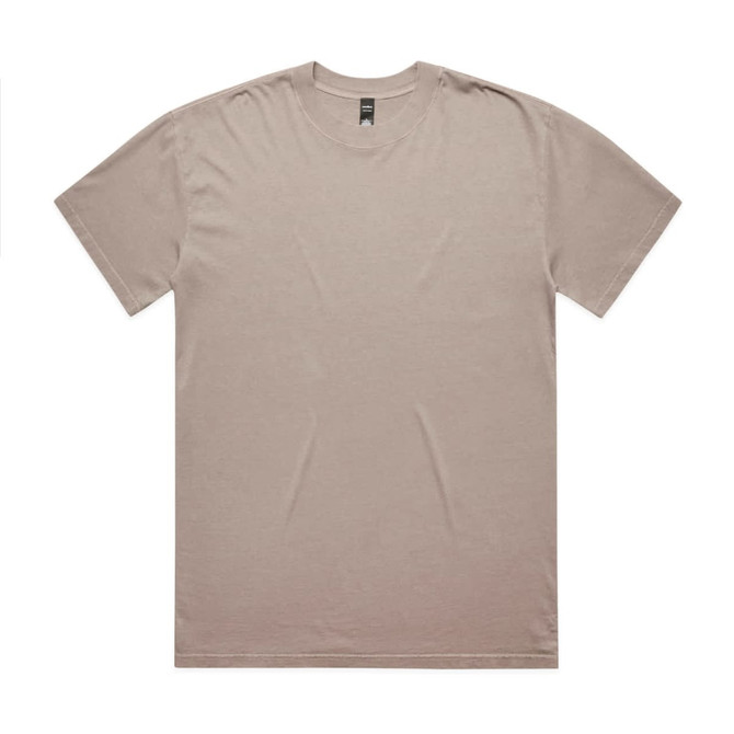 A heavy faded tee in a muted beige colour, featuring a relaxed fit and a simple design. It has a logo.