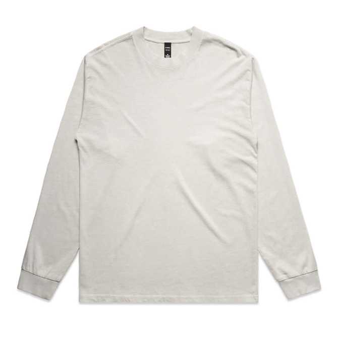 A long-sleeve tee in a light grey colour, featuring a simple design and a logo on the label.